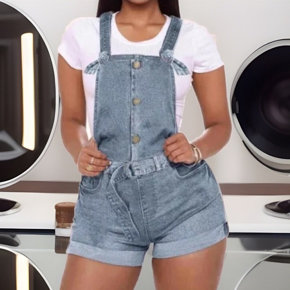 90’s Style Trend Stone Wash Style Button High Waist Overalls Demin Jumper Shorts - Picture 5 of 16